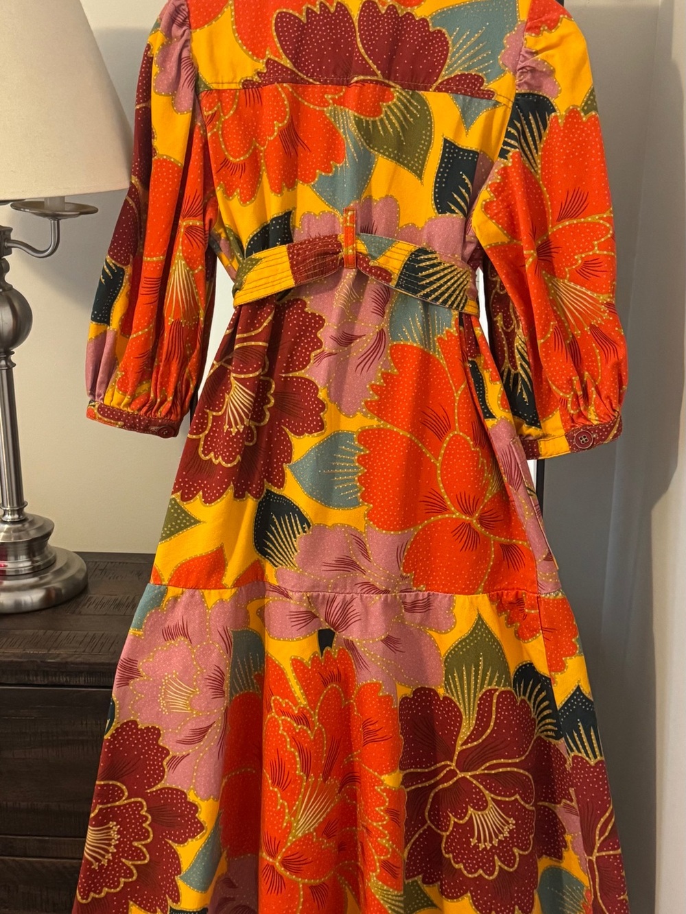 FARM Rio Multi-Color Floral Midi Dress in Mustard, Burgundy & Pink - Picture 8 of 9